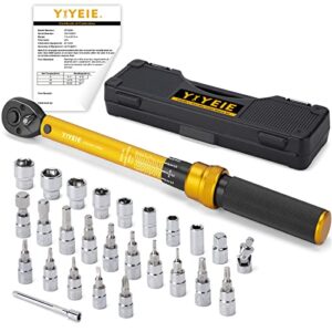 yiyeie 1/4 inch drive bike torque wrench, 1-25 nm (10-222.5 in.lb), 27 pcs click bicycle torque wrench with bit sockets, 0.1 nm micro, 72-tooth ratchet, 3/8 adapter, for mtb, e-bike, motorcycle