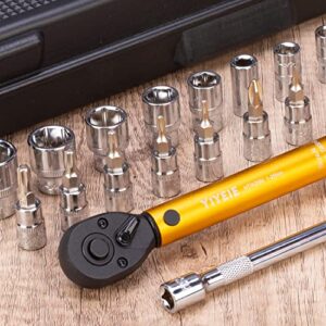 YIYEIE 1/4 Inch Drive Bike Torque Wrench, 1-25 Nm (10-222.5 in.lb), 27 PCS Click Bicycle Torque Wrench with Bit Sockets, 0.1 Nm Micro, 72-Tooth Ratchet, 3/8 Adapter, for MTB, E-Bike, Motorcycle