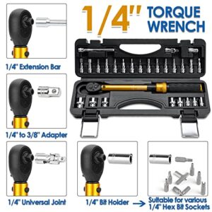 YIYEIE 1/4 Inch Drive Bike Torque Wrench, 1-25 Nm (10-222.5 in.lb), 27 PCS Click Bicycle Torque Wrench with Bit Sockets, 0.1 Nm Micro, 72-Tooth Ratchet, 3/8 Adapter, for MTB, E-Bike, Motorcycle