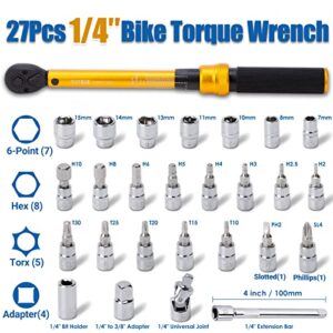 YIYEIE 1/4 Inch Drive Bike Torque Wrench, 1-25 Nm (10-222.5 in.lb), 27 PCS Click Bicycle Torque Wrench with Bit Sockets, 0.1 Nm Micro, 72-Tooth Ratchet, 3/8 Adapter, for MTB, E-Bike, Motorcycle