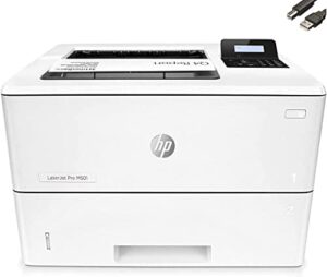 hp laserjet pro m501dn monochrome laserjet printer, automatic 2-sided printing, 2-line lcd display, 650-sheet, 45 ppm, built-in ethernet and usb, auto-on/auto-off, bundle with jawfoal printer cable
