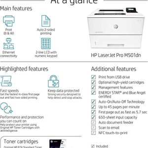 HP Laserjet Pro M501dn Monochrome Laserjet Printer, Automatic 2-Sided Printing, 2-line LCD Display, 650-Sheet, 45 ppm, Built-in Ethernet and USB, Auto-On/Auto-Off, Bundle with JAWFOAL Printer Cable