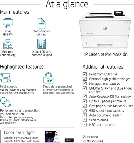 HP Laserjet Pro M501dn Monochrome Laserjet Printer, Automatic 2-Sided Printing, 2-line LCD Display, 650-Sheet, 45 ppm, Built-in Ethernet and USB, Auto-On/Auto-Off, Bundle with JAWFOAL Printer Cable