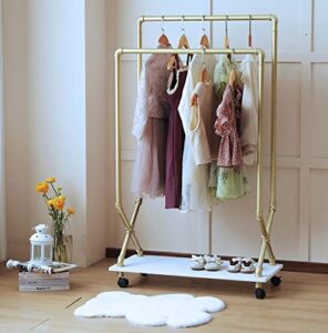 child clothes rack, kids garment rack armoire dress-up closet, rolling pipe open clothing rack with wood storage shelf, industrial modern kids wardrobe costume organizer center with 2 hanging rods