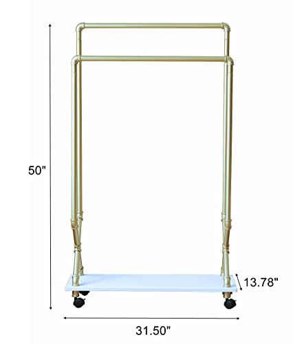 Child Clothes Rack, Kids Garment Rack Armoire Dress-up Closet, Rolling Pipe Open Clothing Rack with Wood Storage Shelf, Industrial Modern Kids Wardrobe Costume Organizer Center with 2 Hanging Rods