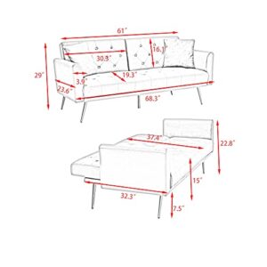 68.3" Loveseat Sofa Bed Convertible Sleeper Couch Daybed, Multifunctional Velvet Upholstered Folding Recliner, Splitback Small Futon Sofá Couches, 2 Seaters with Metal Legs&Two Pillows for Living Room