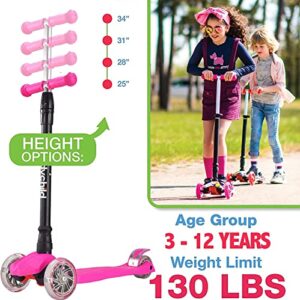 Kids Kick Scooter, 3 Wheeled Scooter for Kids, Child/Toddlers Toy, Adjustable Height, Anti-Slip Deck, Flashing Wheel Lights, for Boys/Girls 3-12 Year Old (Pink)