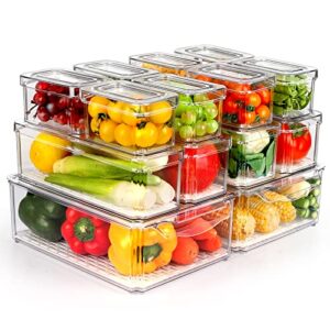 zijund 14 pack fridge organizer, stackable refrigerator organizer bins with lids, bpa-free fridge organizers and storage containers for fruit, vegetable, food, drinks, cereals, clear