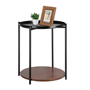 runtop round side table, metal end table with removable top tray, small bedside table nightstand, 2 tier storage shelf wooden side end table for living room, bedroom, nursery, sofa