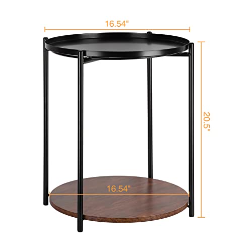 RUNTOP Round Side Table, Metal End Table with Removable Top Tray, Small Bedside Table Nightstand, 2 Tier Storage Shelf Wooden Side End Table for Living Room, Bedroom, Nursery, Sofa
