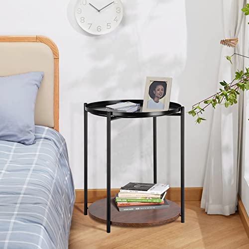 RUNTOP Round Side Table, Metal End Table with Removable Top Tray, Small Bedside Table Nightstand, 2 Tier Storage Shelf Wooden Side End Table for Living Room, Bedroom, Nursery, Sofa