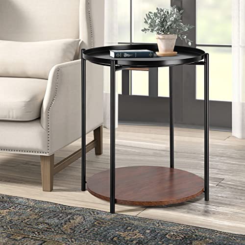 RUNTOP Round Side Table, Metal End Table with Removable Top Tray, Small Bedside Table Nightstand, 2 Tier Storage Shelf Wooden Side End Table for Living Room, Bedroom, Nursery, Sofa