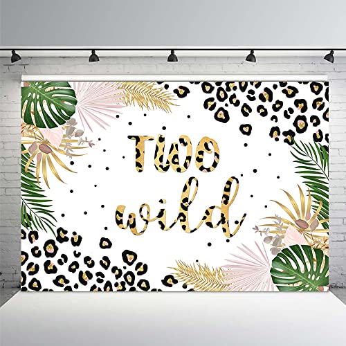 MEHOFOND Two Wild Backdrop for Girls Leopard Pink Jungle Safari Theme 2nd Birthday Party Decoration Background Tropical Leaves Leopard Print Cake Table Banner Supplies 7x5ft