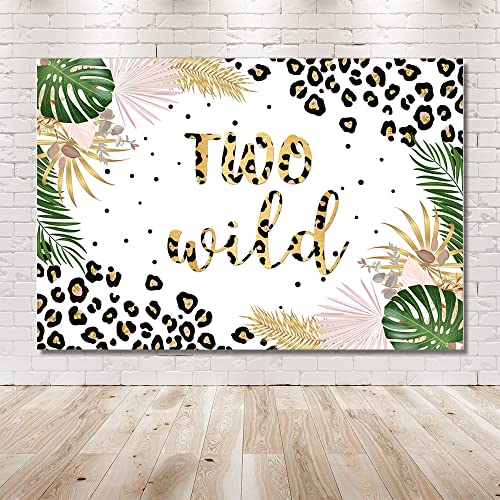 MEHOFOND Two Wild Backdrop for Girls Leopard Pink Jungle Safari Theme 2nd Birthday Party Decoration Background Tropical Leaves Leopard Print Cake Table Banner Supplies 7x5ft