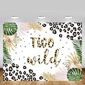 MEHOFOND Two Wild Backdrop for Girls Leopard Pink Jungle Safari Theme 2nd Birthday Party Decoration Background Tropical Leaves Leopard Print Cake Table Banner Supplies 7x5ft