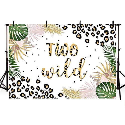 MEHOFOND Two Wild Backdrop for Girls Leopard Pink Jungle Safari Theme 2nd Birthday Party Decoration Background Tropical Leaves Leopard Print Cake Table Banner Supplies 7x5ft