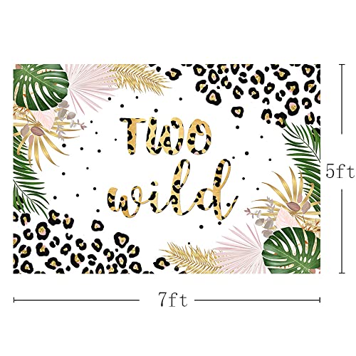 MEHOFOND Two Wild Backdrop for Girls Leopard Pink Jungle Safari Theme 2nd Birthday Party Decoration Background Tropical Leaves Leopard Print Cake Table Banner Supplies 7x5ft