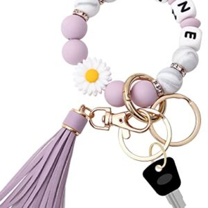 Munchewy Personalized Key Ring Bracelet Wristlet Keychain with Name, Car Keychain Holder Silicone Beaded Bracelet Keychain Bangle Chains with Leather Tassel Keyrings for Women(Lilac Daisy)