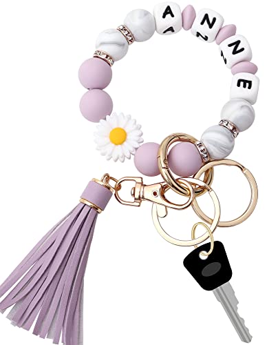 Munchewy Personalized Key Ring Bracelet Wristlet Keychain with Name, Car Keychain Holder Silicone Beaded Bracelet Keychain Bangle Chains with Leather Tassel Keyrings for Women(Lilac Daisy)