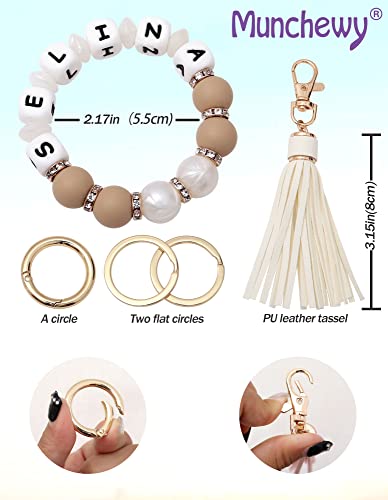 Munchewy Personalized Key Ring Bracelet Wristlet Keychain with Name, Car Keychain Holder Silicone Beaded Bracelet Keychain Bangle Chains with Leather Tassel Keyrings for Women(Lilac Daisy)