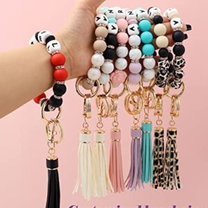 Munchewy Personalized Key Ring Bracelet Wristlet Keychain with Name, Car Keychain Holder Silicone Beaded Bracelet Keychain Bangle Chains with Leather Tassel Keyrings for Women(Lilac Daisy)