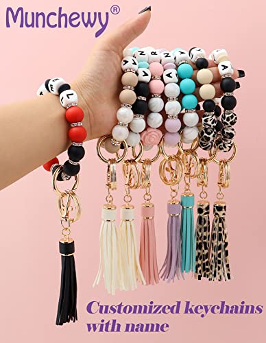 Munchewy Personalized Key Ring Bracelet Wristlet Keychain with Name, Car Keychain Holder Silicone Beaded Bracelet Keychain Bangle Chains with Leather Tassel Keyrings for Women(Lilac Daisy)