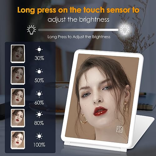 KerMiCi Large Size Travel Makeup Mirror with Light, Led Folding Vanity Mirror Portable USB Rechargeable Mirror 3 Color Lighting Touch Screen Brightness Thin Compact Vanity Mirror Dimmable Mirror