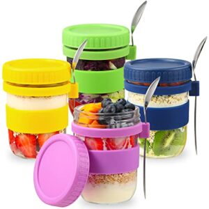 Koncifun 4 Pack Overnight Oats Containers with Lids and Spoons 16oz Glass Mason Overnight Oats Jars, Food Storage Jars Containers for Milk, Cereal, Fruit, Vegetable Salad