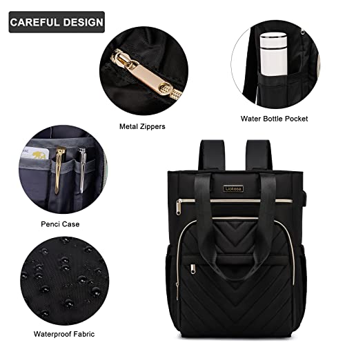 Backpack Purse for Women, Large Wide Open Bookbag with USB Charging Port Nurse Teacher Tote Bag, 15.6 Inch Convertible Work Laptop Bag, Water Resistant Daypack for College, Travel, Business, Black