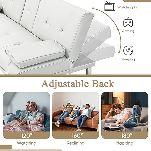 Antetek Futon Sofa Bed, Modern Convertible Upholstered Faux Leather Loveseat Sleeper Sofa Couch w/5 Adjustable Positions, Cup Holder for Living Room, Bedroom, Studio, Office, White