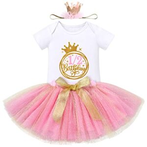 baby girl birthday tutu - cake smash outfit gir infant toddler 1/2 birthday cake smash outfit princess romper +tutu skirts +crown baby shower newborn photography clothes set gold pink 3-6 months