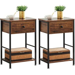 sunnyfurn nightstand with 2 tier storage shelf,bedside table for living room and bedroom,easy to install side table,end table with drawer shelves for small space,set of 2 brown
