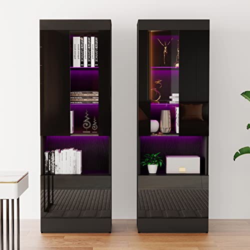 AMERLIFE 2 Piece 71in Tall Bookcase Storage Cabinet with Glass Doors, Modern High Gloss LED Bookshelf Display with 5 Tiers for Storage & Adjustable Glass Shelves for Living Room, Office, Black