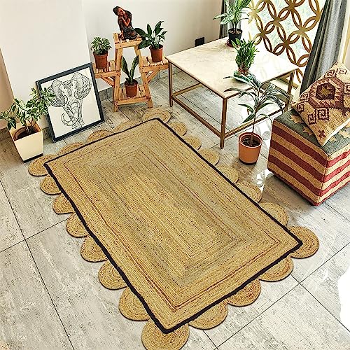 Casavani Scalloped Collection Rectangular Area Trend Rug - 4' x 6', Beige and Yellow, Braided Jute Rug With Scallop Design Ideal for High Traffic Areas in Entryway, Living Room, Bedroom