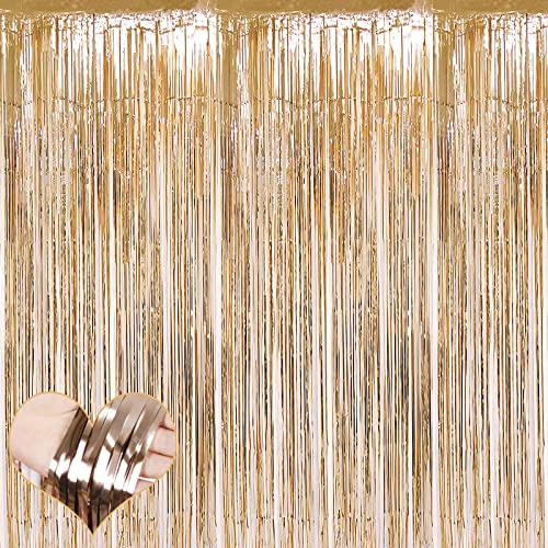 4 Pack Champagne Gold Fringe Curtain Backdrop, 3.2Ft x 9.8Ft Metallic Tinsel Foil Fringe Streamers Curtains Background for Photo Booth Birthday Baby Shower Party Wedding Graduation Decorations