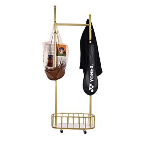 zhanyun gold metal garment rack, clothes racks on wheels, rolling clothing rack with a hanging rod and bottom storage basket shelves (gold)