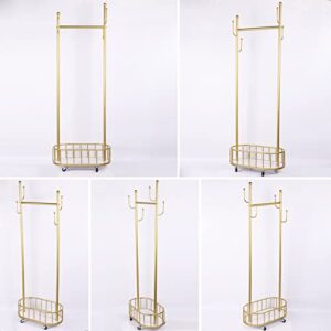 ZHANYUN Gold Metal Garment Rack, Clothes Racks on Wheels, Rolling Clothing Rack with A Hanging Rod and Bottom Storage Basket Shelves (Gold)