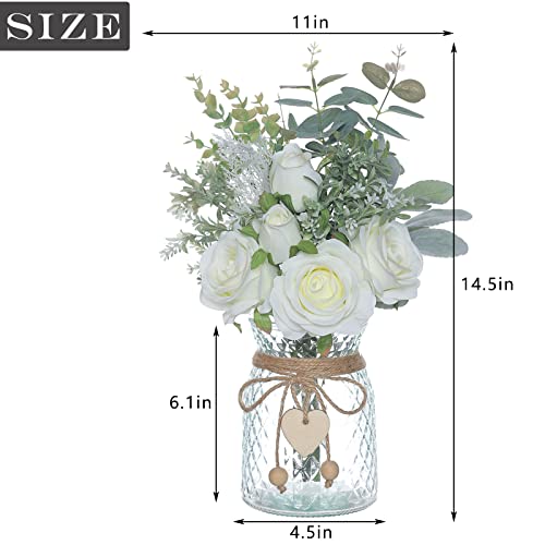 Faux Flowers with Vase,Artificial Silk Roses in Vase, Fake Plant Eucalyptus Flower Arrangement for Home Office Farmhouse Bathroom Dining Table Centerpiece Decorations Coffee Table Decor (White)