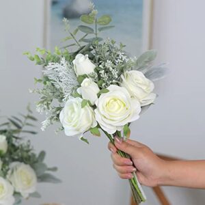 Faux Flowers with Vase,Artificial Silk Roses in Vase, Fake Plant Eucalyptus Flower Arrangement for Home Office Farmhouse Bathroom Dining Table Centerpiece Decorations Coffee Table Decor (White)