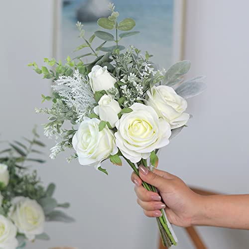 Faux Flowers with Vase,Artificial Silk Roses in Vase, Fake Plant Eucalyptus Flower Arrangement for Home Office Farmhouse Bathroom Dining Table Centerpiece Decorations Coffee Table Decor (White)