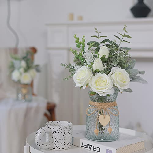 Faux Flowers with Vase,Artificial Silk Roses in Vase, Fake Plant Eucalyptus Flower Arrangement for Home Office Farmhouse Bathroom Dining Table Centerpiece Decorations Coffee Table Decor (White)