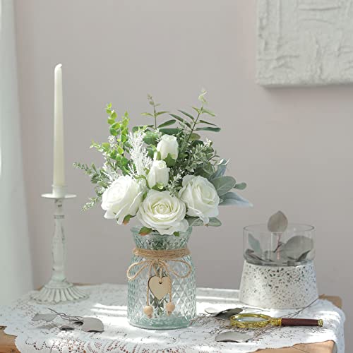 Faux Flowers with Vase,Artificial Silk Roses in Vase, Fake Plant Eucalyptus Flower Arrangement for Home Office Farmhouse Bathroom Dining Table Centerpiece Decorations Coffee Table Decor (White)