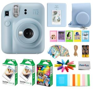 fujifilm instax mini 12 instant film camera (pastel blue), fuji instax film value pack 30 sheets, protective case, instax gift bundle