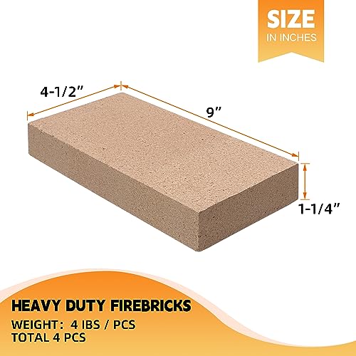 Fire Bricks, Woodstove Firebricks, Size 9″ x 4-1/2″ x 1-1/4″, 4-Pack, Insulating Fire Bricks, Clay Firebricks Replacement for Wood Stoves, Fireplaces, Fire Pit, Kiln, Pizza Oven