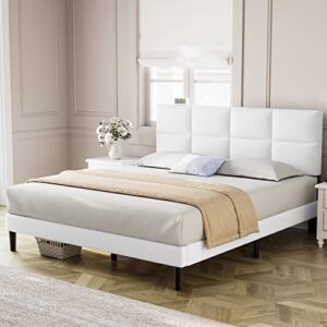 molblly full size bed frame upholstered platform with headboard, strong frame and wooden slats support, linen fabric wrap, non-slip and noise-free,no box spring, easy assembly, off-white