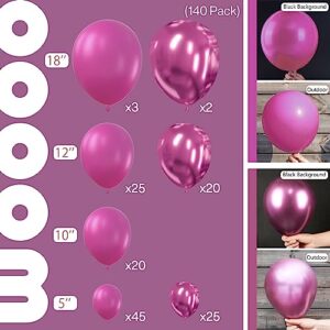 PartyWoo Magenta Balloons, 140 pcs Magenta and Metallic Magenta Balloons Different Sizes Pack of 18 Inch 12 Inch 10 Inch 5 Inch for Balloon Garland or Arch as Party Decorations, Pink-Y39 & Pink-G114