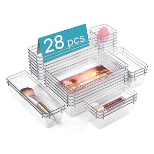 vtopmart 28 pcs clear plastic drawer organizers set, 4-size bathroom and vanity drawer organizer trays, acrylic storage bins for makeup, cosmetic, kitchen utensils, tool organizer for gadgets