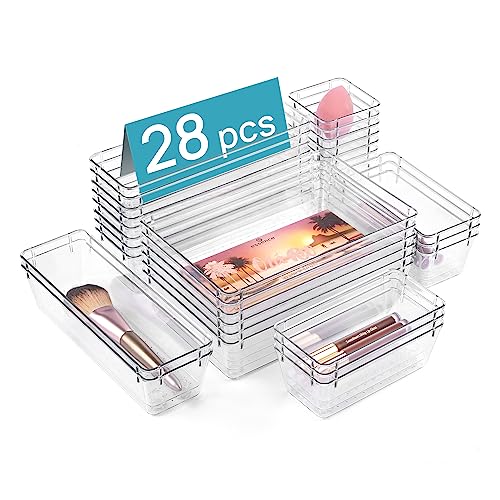 Vtopmart 28 PCS Clear Plastic Drawer Organizers Set, 4-Size Bathroom and Vanity Drawer Organizer Trays, Acrylic Storage Bins for Makeup, Cosmetic, Kitchen Utensils, Tool Organizer for Gadgets