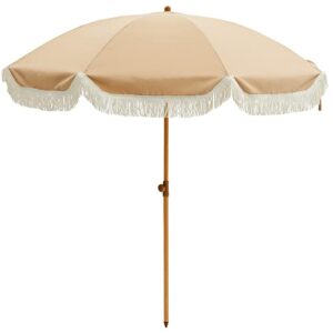 kbrellaoutlets 7ft patio umbrella, uv 50+ protection, beach umbrellas for sand with fringe, wood grain aluminum pole, 8 ribs, push button tilt, garden pool, brown