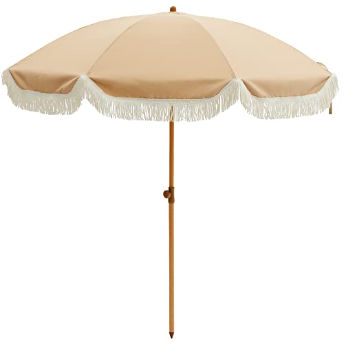 Kbrellaoutlets 7ft Patio Umbrella, UV 50+ Protection, Beach Umbrellas for Sand with Fringe, Wood Grain Aluminum Pole, 8 Ribs, Push Button Tilt, Garden Pool, Brown